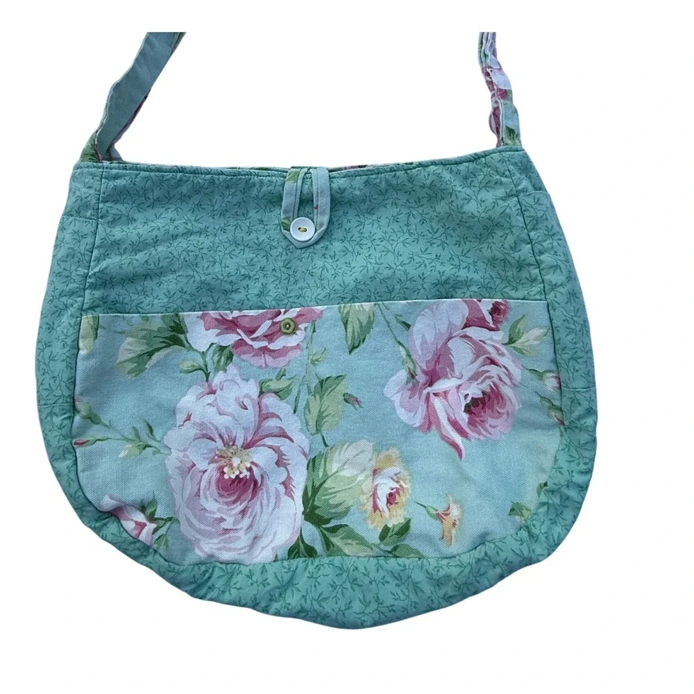 Handmade Reversible Floral Hobo Bag Mint Green Rose Print Cottagecore Tote